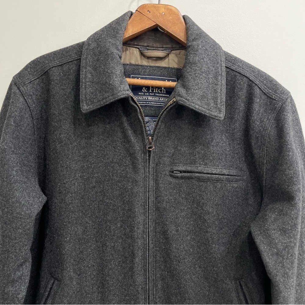 Abercrombie 90’s Y2K Mens Gray Wool Zip Front Bomber Coat Jacket Corduroy Cuffs - Picture 6 of 14